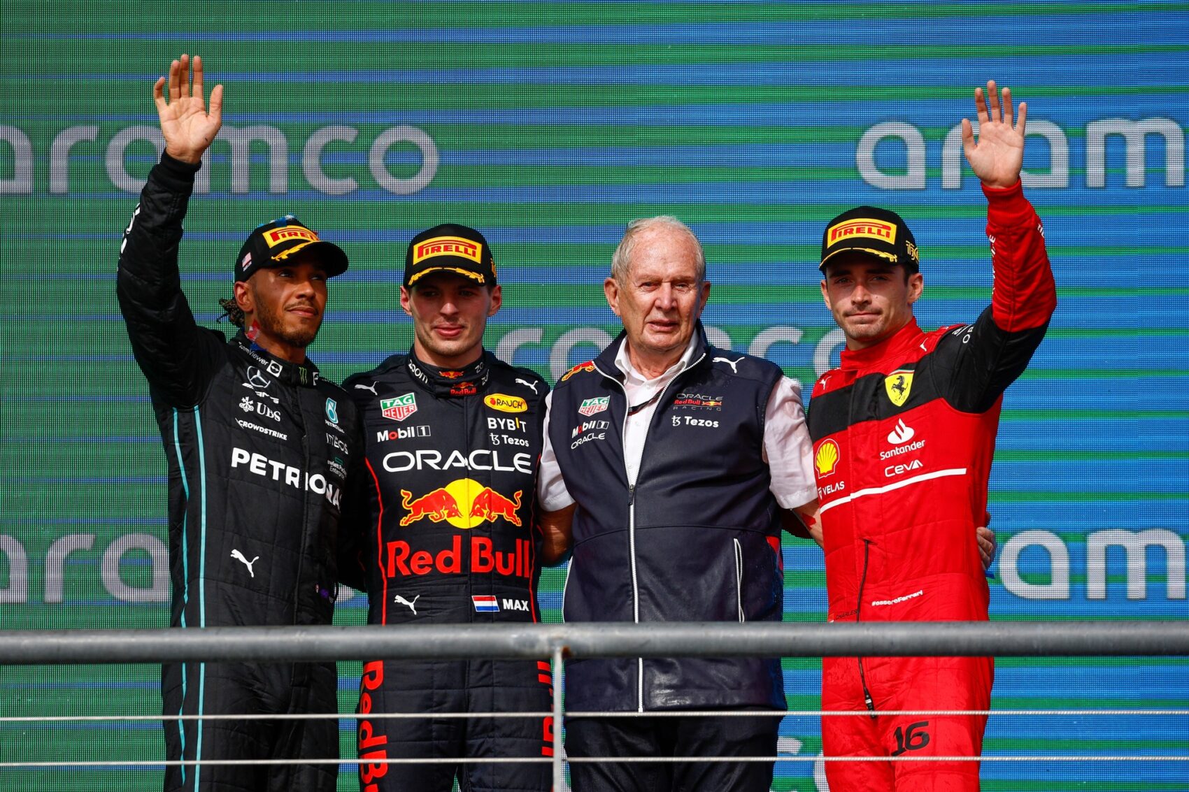 Lewis Hamilton, Max Verstappen, Helmut Marko, Charles Leclerc