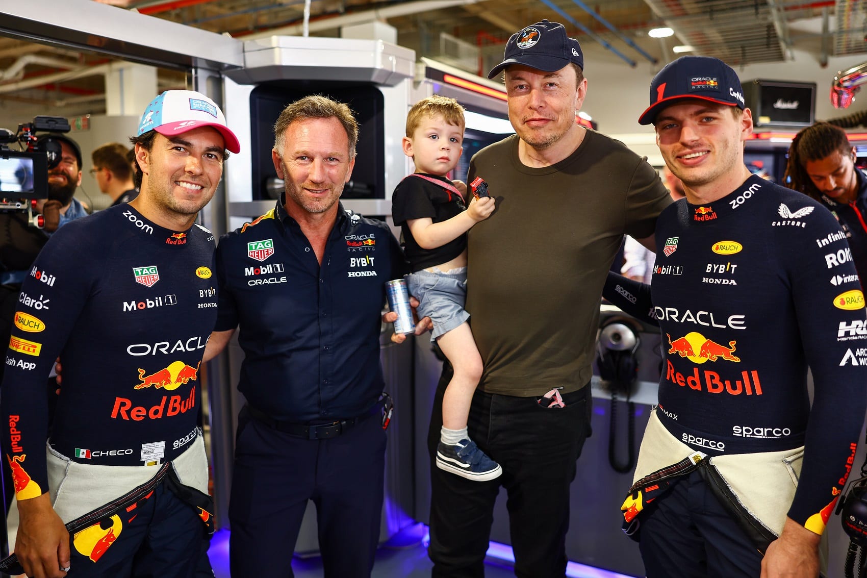 Sergio Pérez, Christian Horner, Elon Musk, Max Verstappen