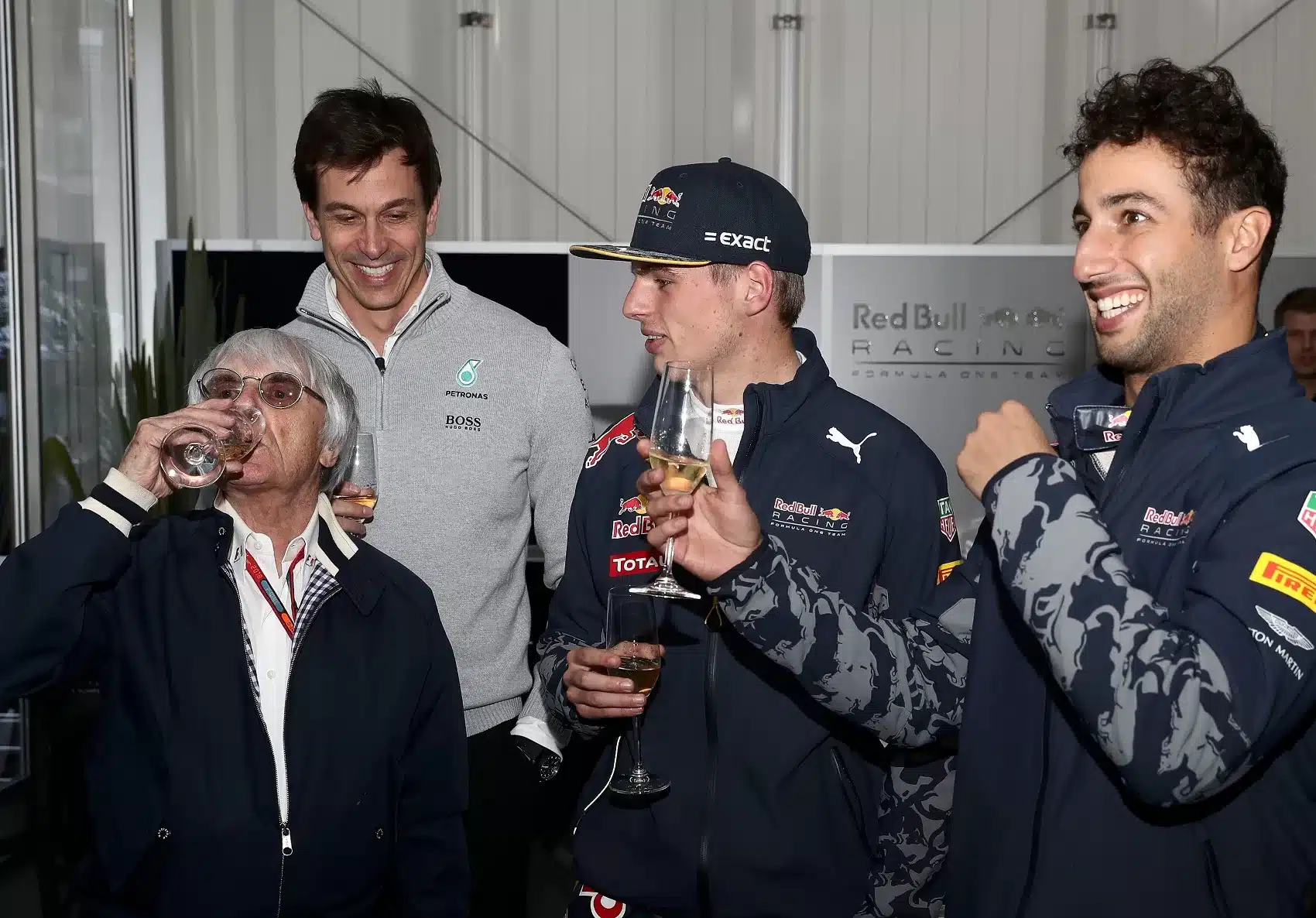 Bernie Ecclestone, Max Verstappen, Daniel Ricciardo, Toto Wolff