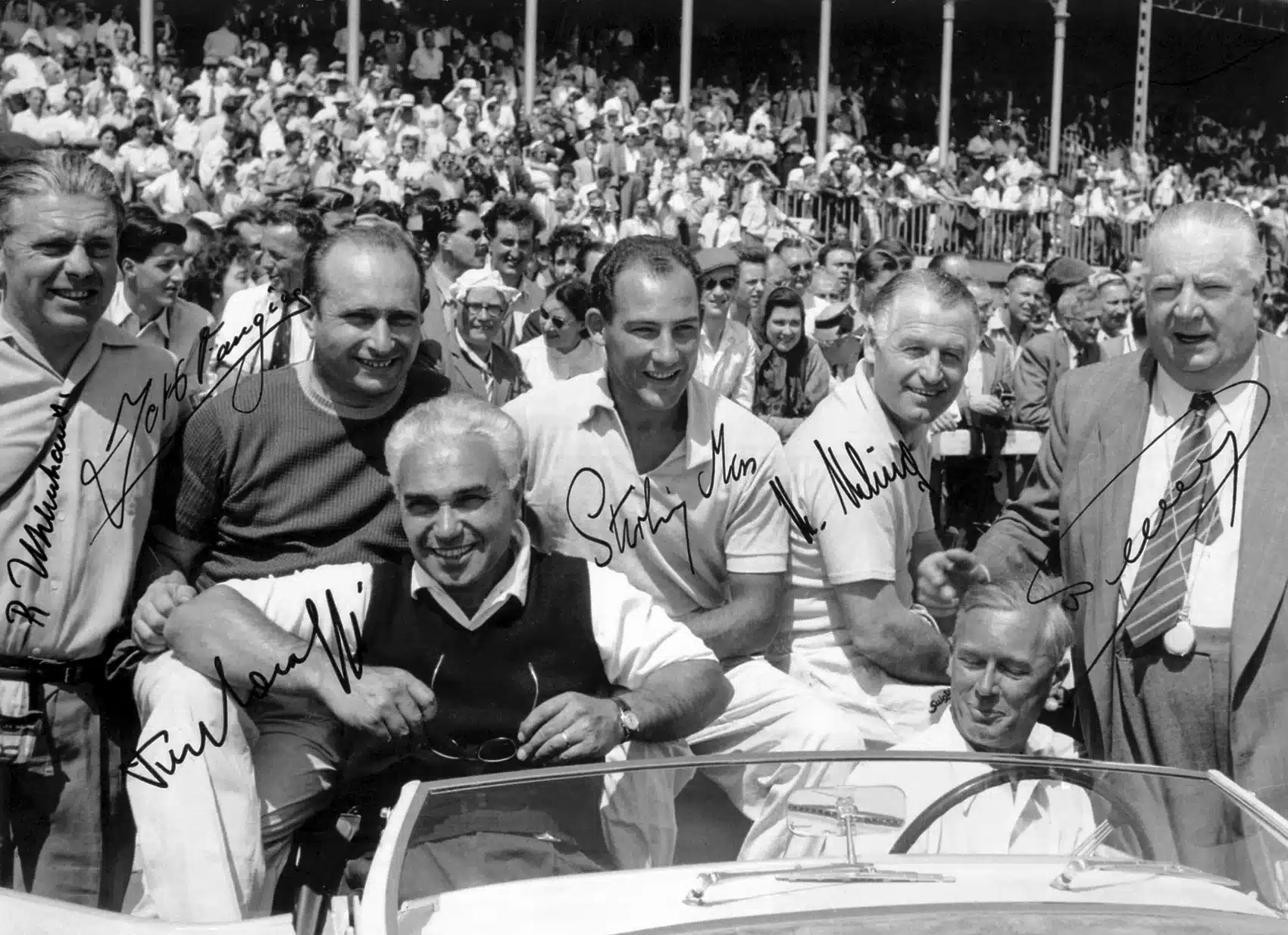 Rudolf Uhlenhaut, Juan Manuel Fangio, Piero Taruffi, Stirling Moss, Karl Kling, Alfred Neubauer, brit nagydíj