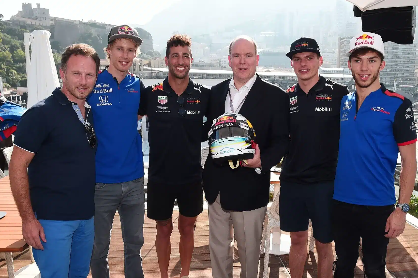 Christian Horner, Brendon Hartley, Daniel Ricciardo, Albert, Max Verstappen, Pierre Gasly