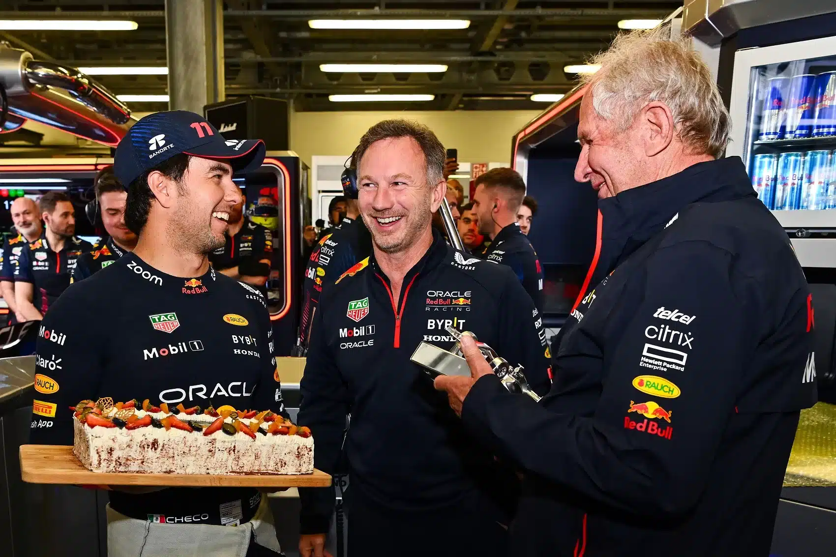 Sergio Perez, Christian Horner, Helmut Marko