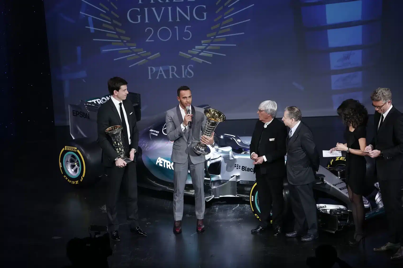 Lewis Hamilton, Toto Wolff, Jean Todt, Bernie Ecclestone