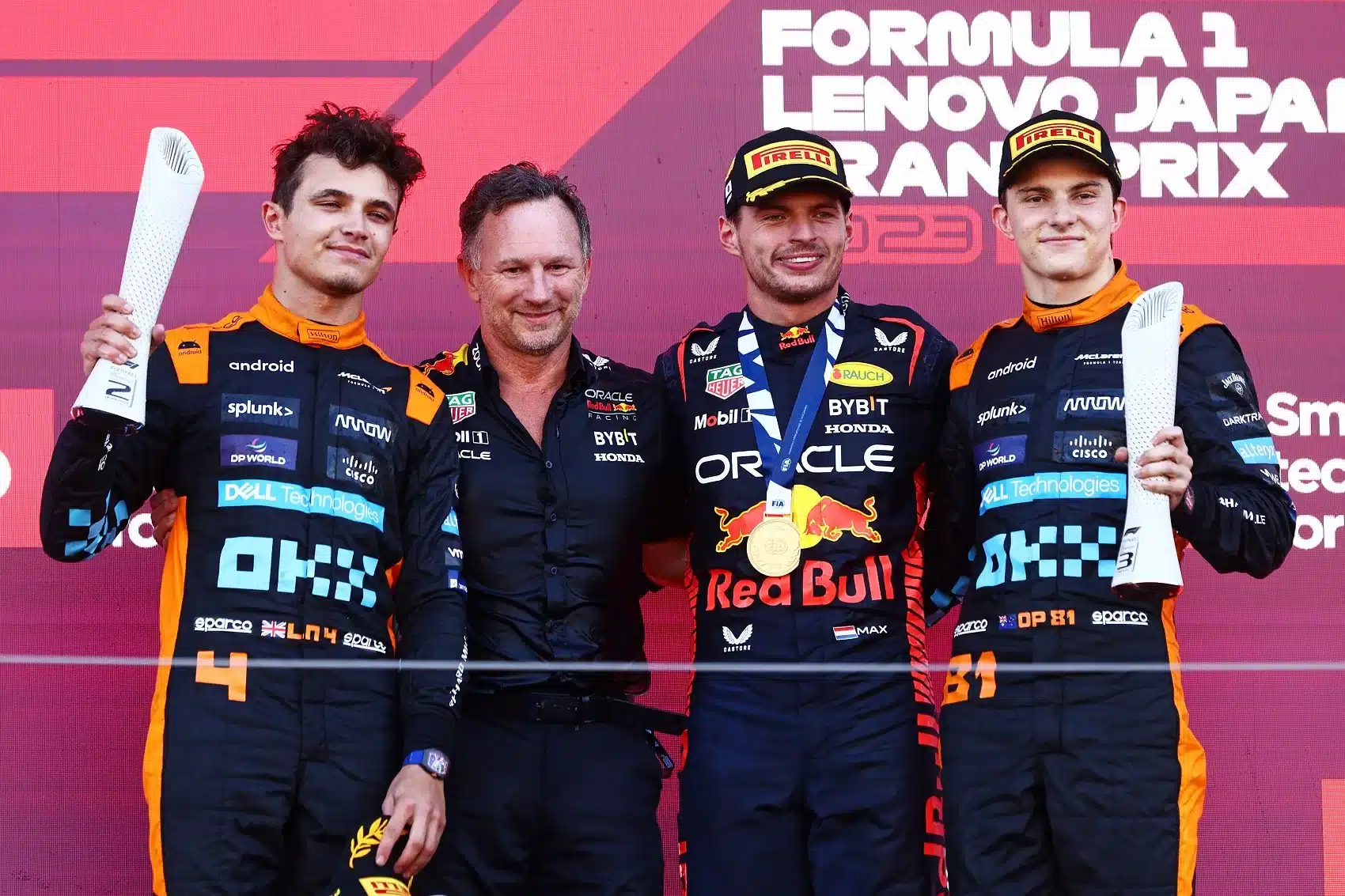 Max Verstappen, Lando Norris, Oscar Piastri, Christian Horner, F1