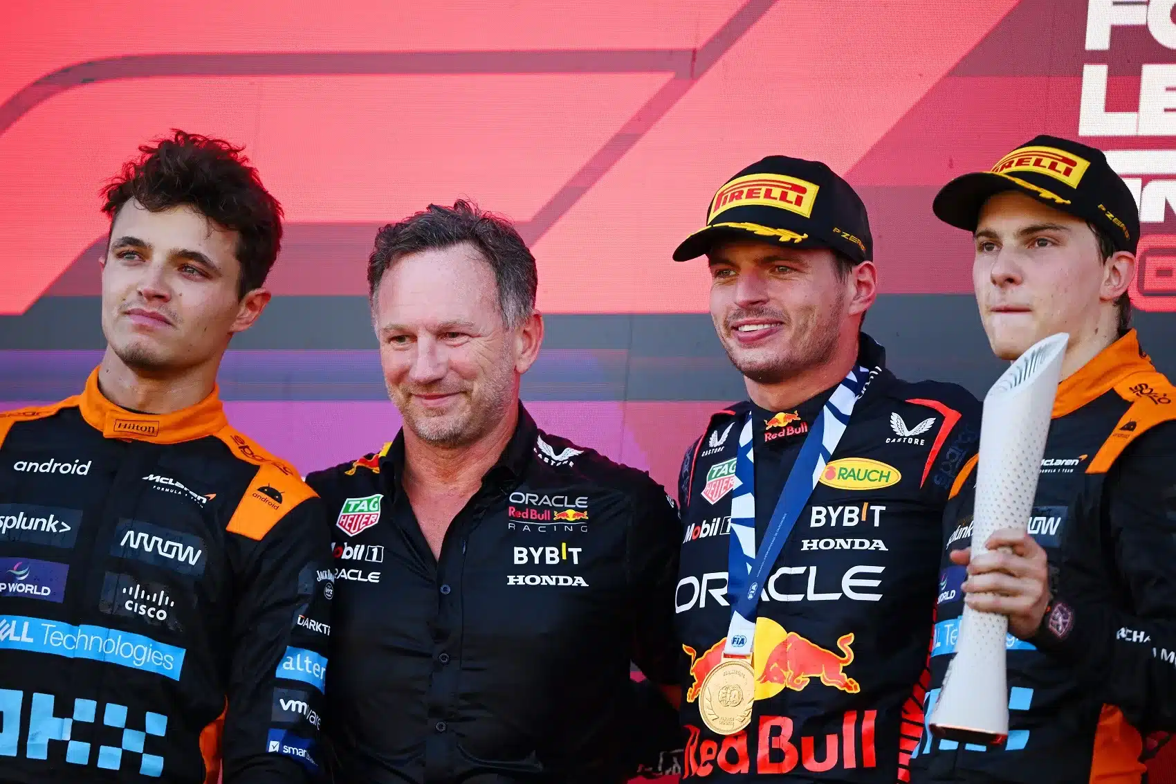 Max Verstappen, Lando Norris, Oscar Piastri, Christian Horner