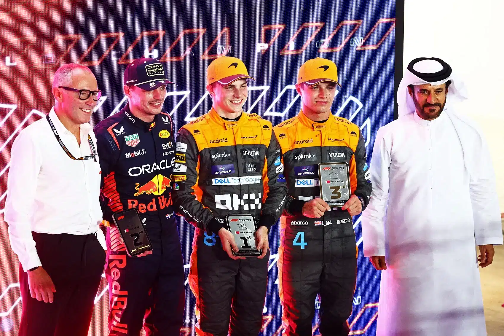 Oscar Piastri, Max Verstappen, Lando Norris, Stefano Domenicali, Mohammed ben Sulayem, fia, f1