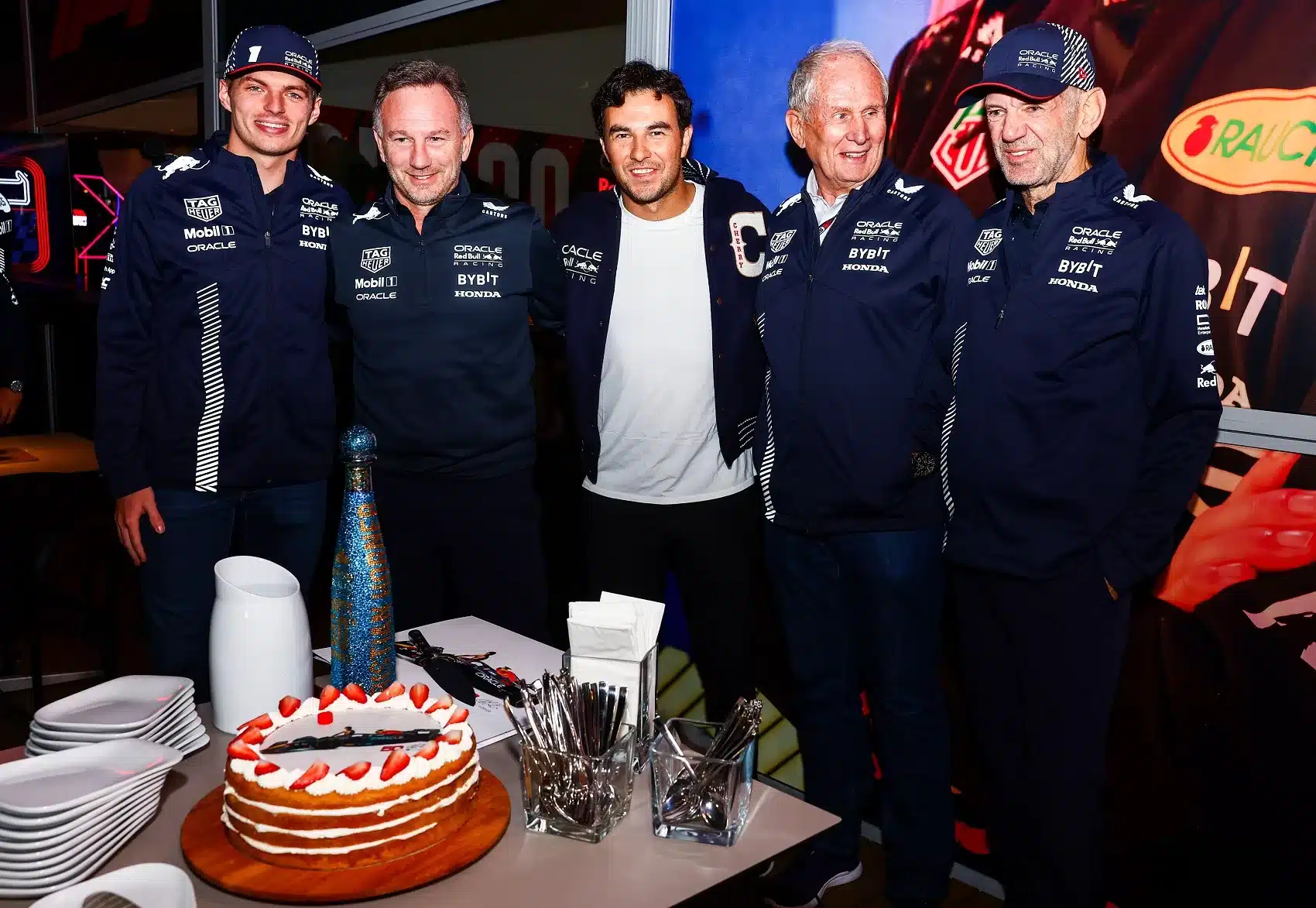 Max Verstappen, Christian Horner, Sergio Perez, Helmut Marko, Adrian Newey