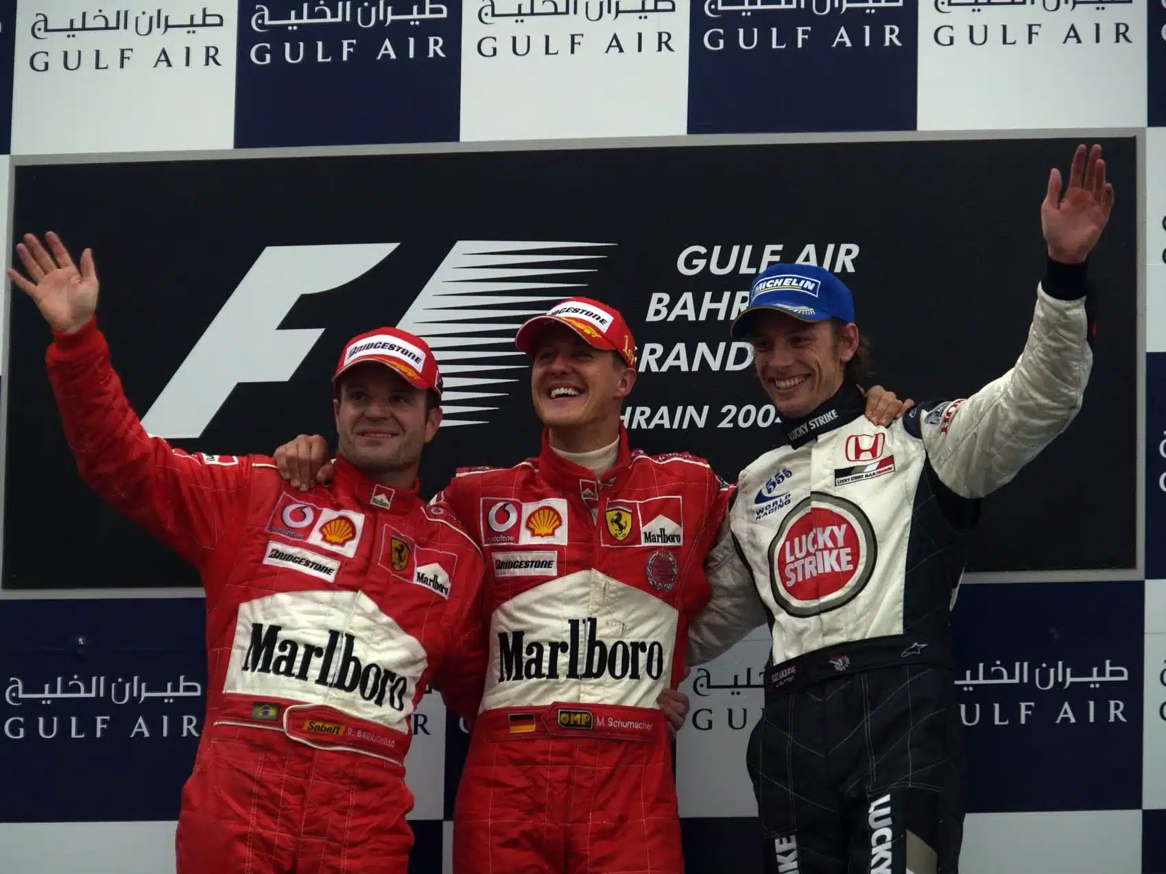 Rubens Barrichello, Michael Schumacher, Jenson Button, F1 Bahrein, 2004