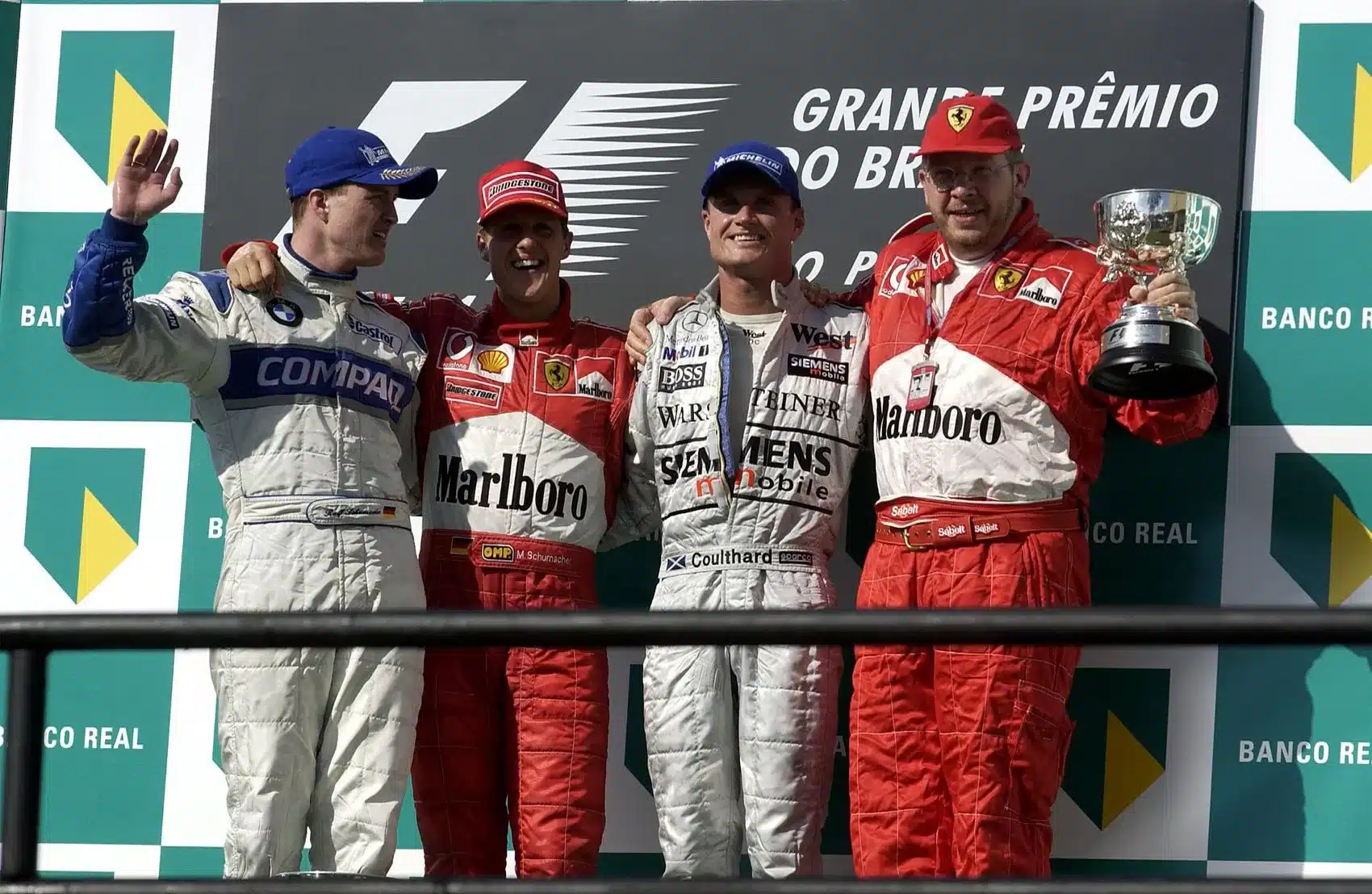 Ralf és Michael Schumacher, David Coulthard, Ross Brawn, 2002 Brazil Nagydíj, Pelé