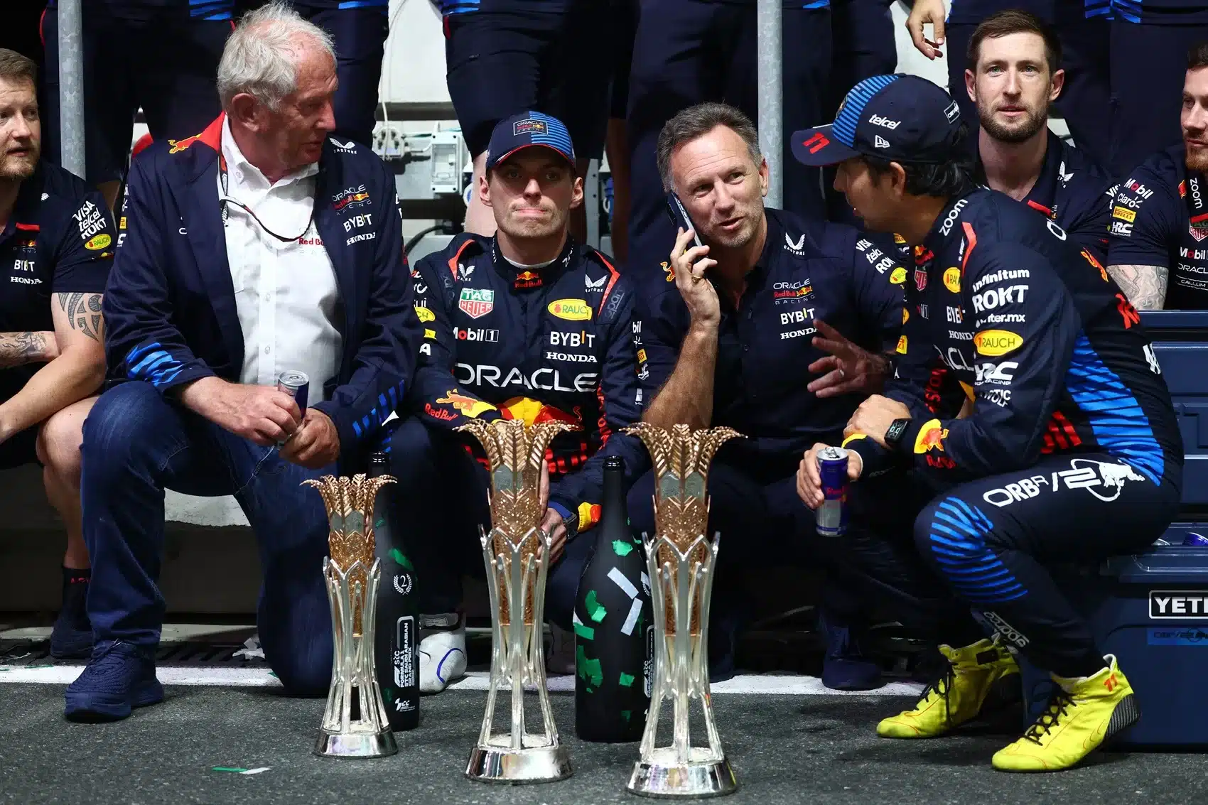 Helmut Marko, Max Verstappen, Christian Horner, Sergio Pérez