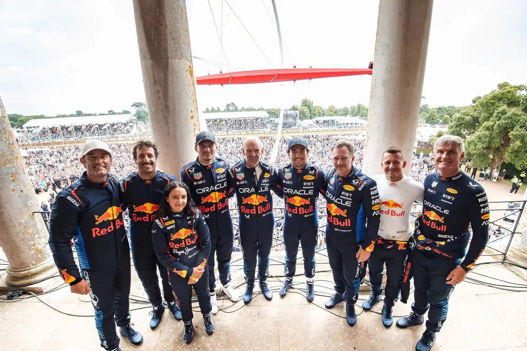 Mark Webber, Daniel Ricciardo, Hamda Al Qubaisi, Max Verstappen, Adrian Newey, Sergio Perez, Christian Horner, Christian Klien, David Coulthard