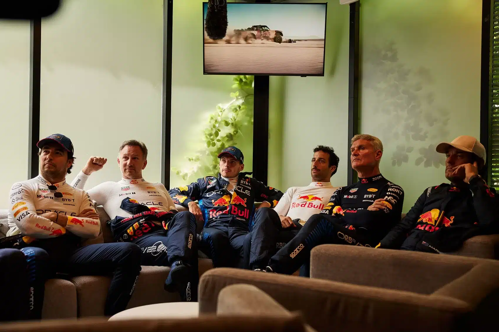 Sergio Perez, Christian Horner, Max Verstappen, Daniel Ricciardo, David Coulthard, Mark Webber