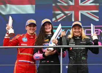 Maya Weug (Ferrari), Abbi Pulling (Alpine), Doriane Pin (Mercedes), F1 Academy