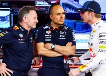 Christian Horner, Gianpiero Lambiase, Jos Verstappen of Red Bull Racing