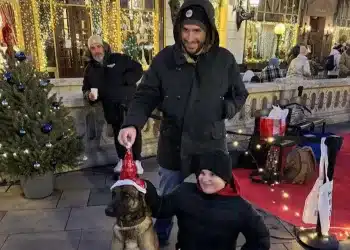 Kiss Norbi és Gilyén krisztián egy kutyus társaságában a Vörösmarty téri karácsonyi vásárban