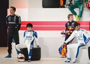 George Russell, Yuki Tsunoda, Liam Lawson, Carlos Sainz, F1 drievrs photocall