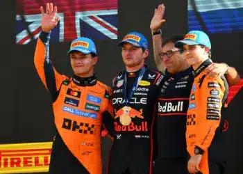 Lando Norris, Max Verstappen, Pierre Wache, Oscar Piastri. 2025 Olasz Nagydíj