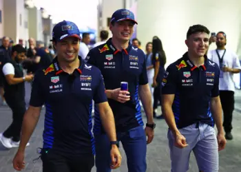 Isack Hadjar, Max Verstappen, Sergio Perez