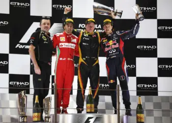 Eric Boullier, Fernando Alonso, Kimi Räikkönen, Sebastian Vettel, 2012 Abu Dhabi