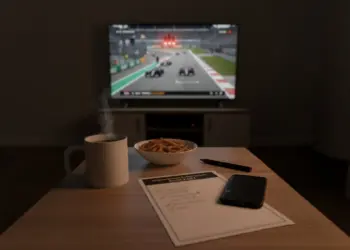 AI-generált kép: a dohányzóasztalon gőzölgő kávé, okotelefon, sós perec és egy papír, a tévében F1